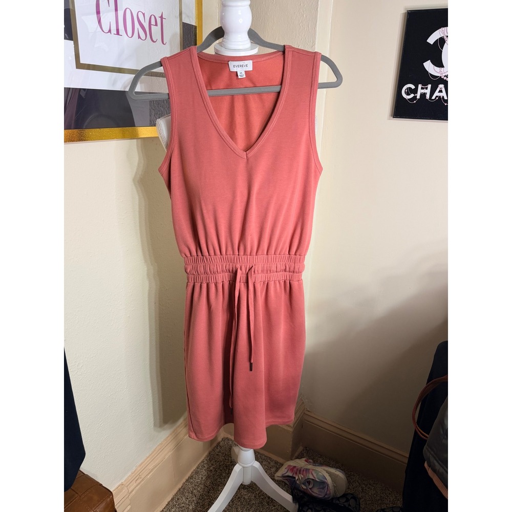 Evereve Coral Pink Sleeveless V-Neck Sweatshirt Mini Dress with Drawstring Waist